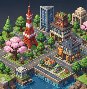 A miniature pixel city with cherry blossom trees and colorful buildings