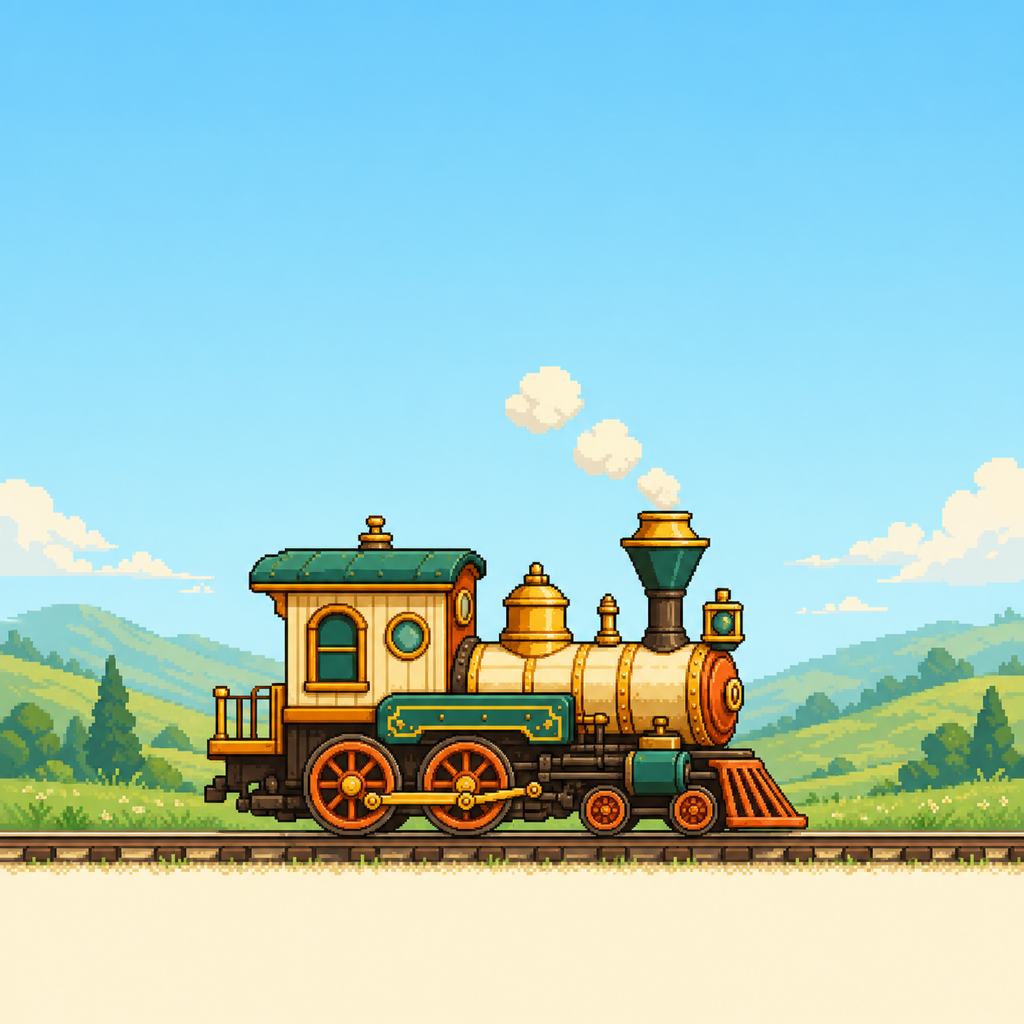 A golden green steam train traveling through a peaceful valley